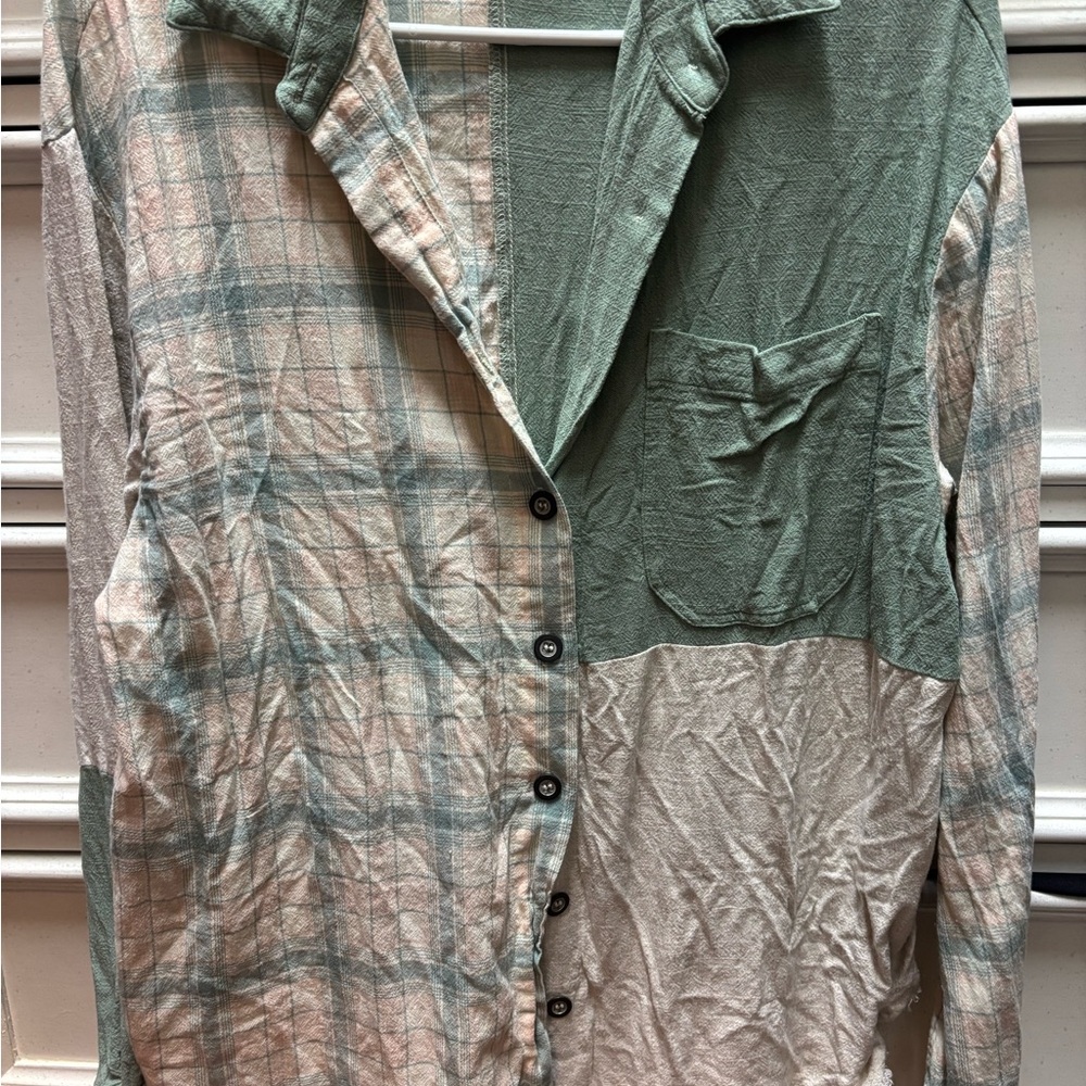 Green and Cream Button Down Shirt with Textured Fabric
